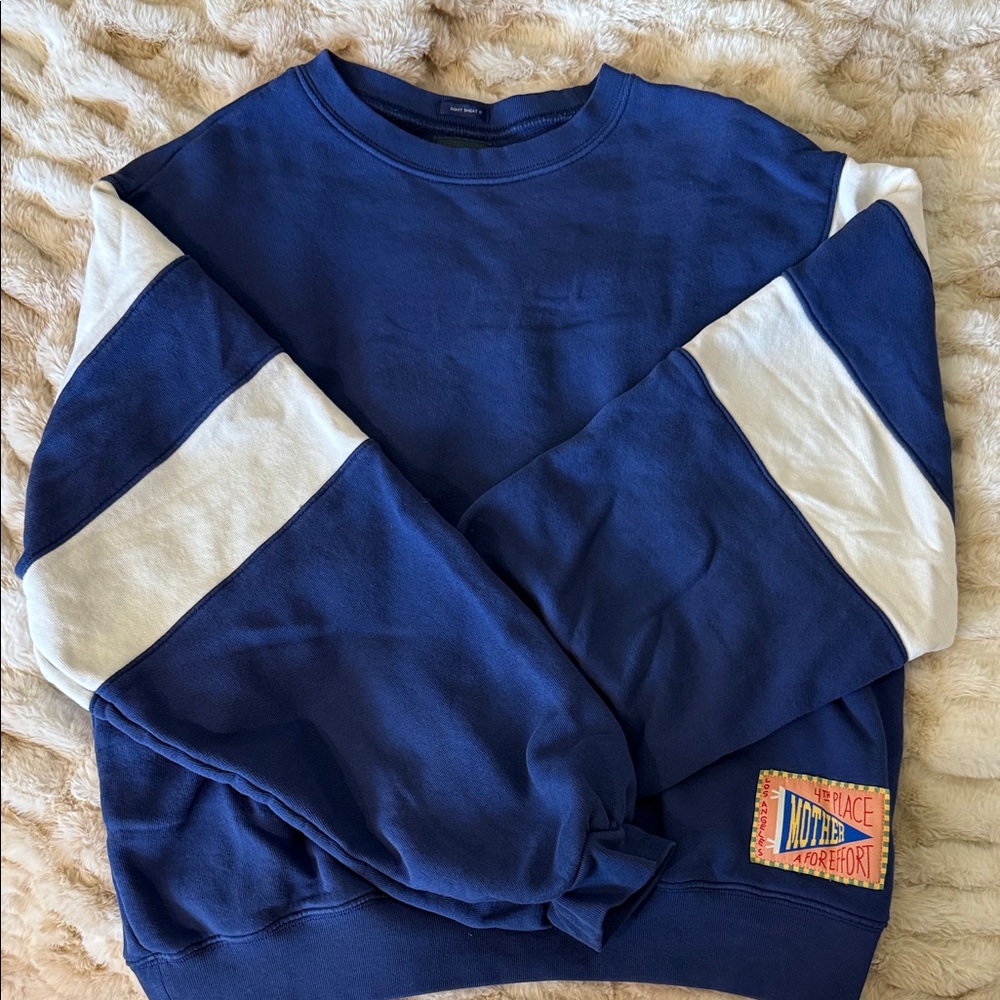 MOTHER Navy Crewneck Sweatshirt with White Sleeve Stripes